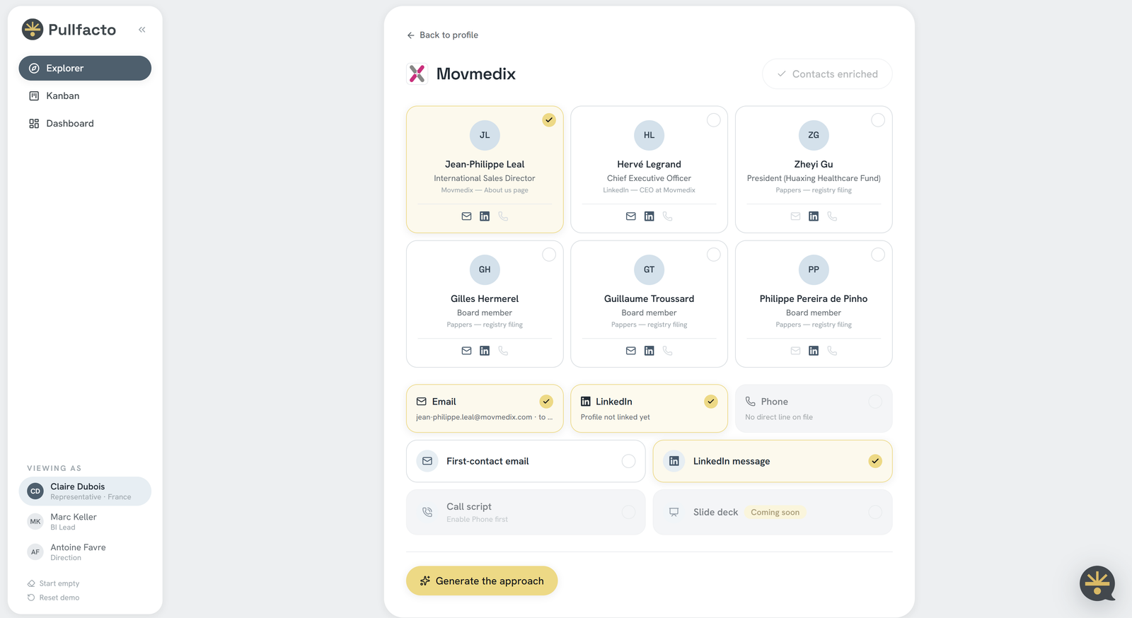 The approach kit: enriched contacts, channels, and a one-click generated first message